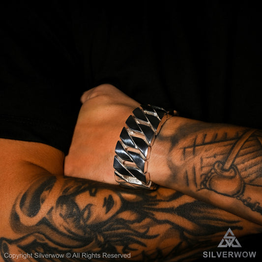 heavy silver bracelet on tattooed wrist – 28mm handcrafted men's curb design