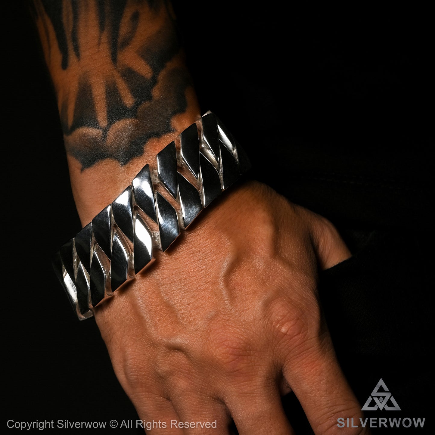 925 silver men's bracelet – worn on tattooed wrist with polished flat look