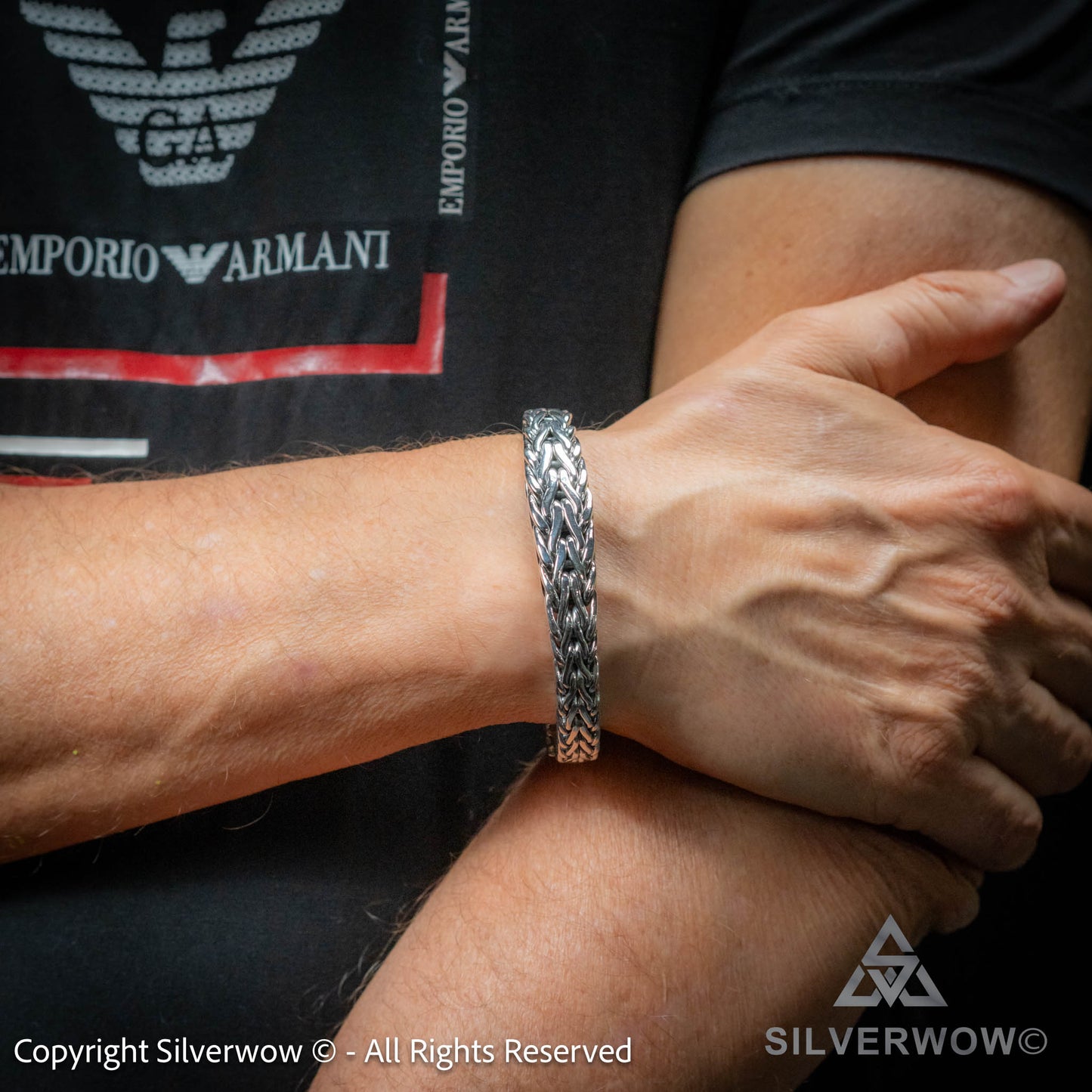 Tapered silver chain bracelet for men – unique woven Bali-inspired design in 925 sterling