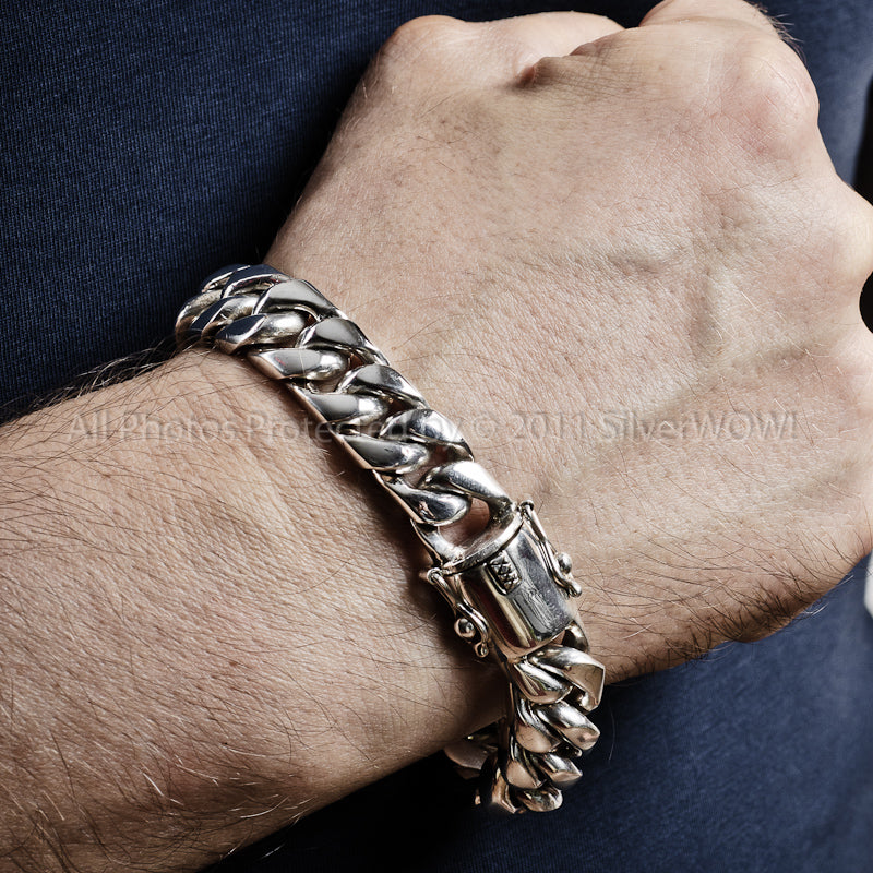 15mm Cuban link bracelet on wrist in solid 925 silver, standard fit