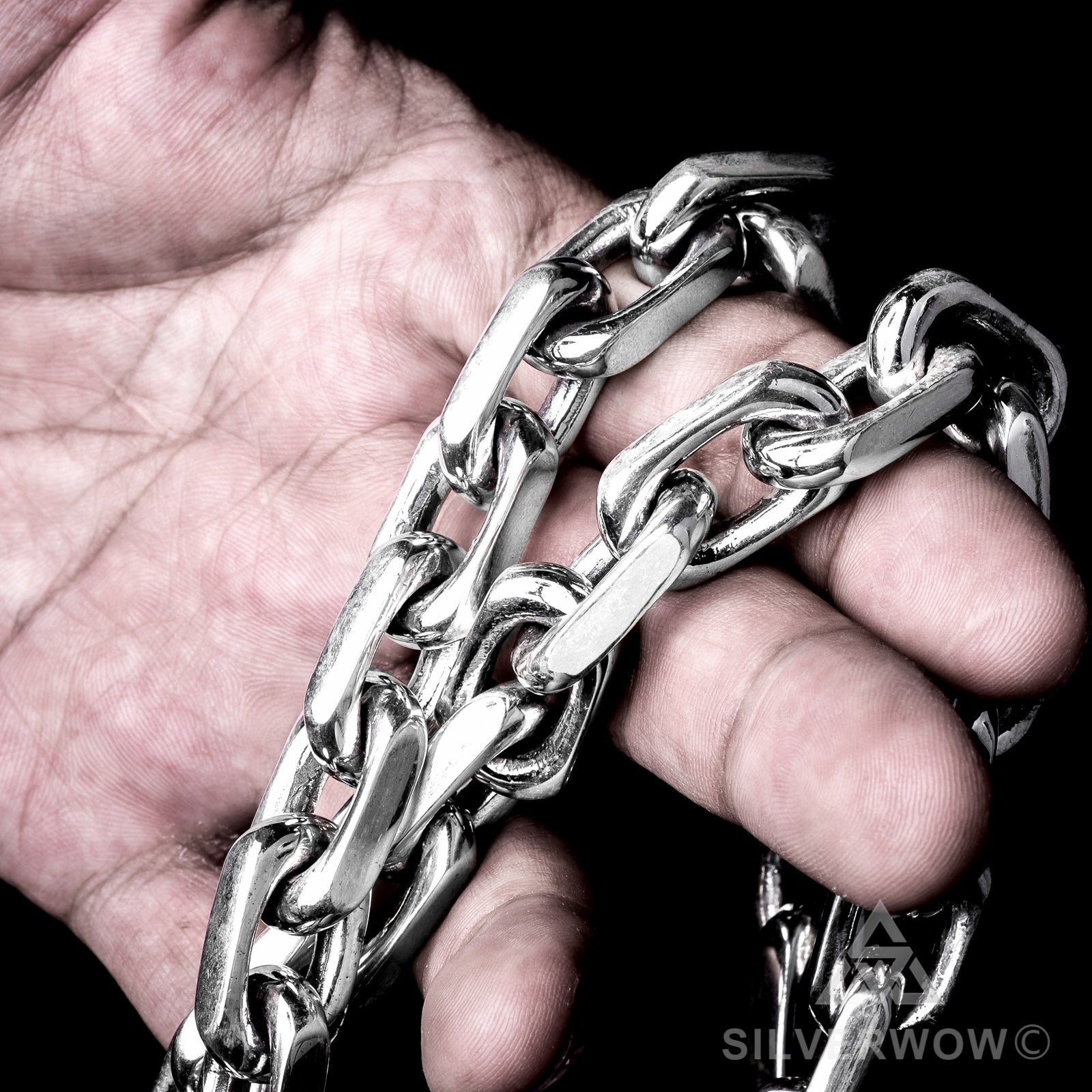 15mm sterling silver chain necklace shown in hand with thick handcrafted links
