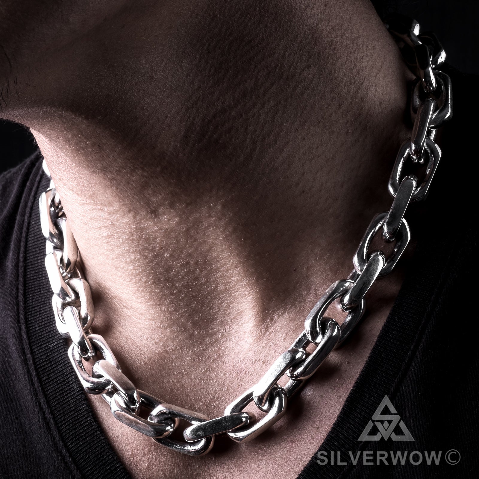 Front view of 15mm silver chain necklace on male chest — extra thick links