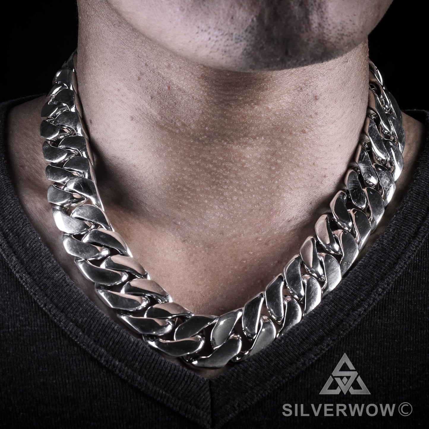20mm silver curb chain necklace in solid 925 sterling silver, worn on chest
