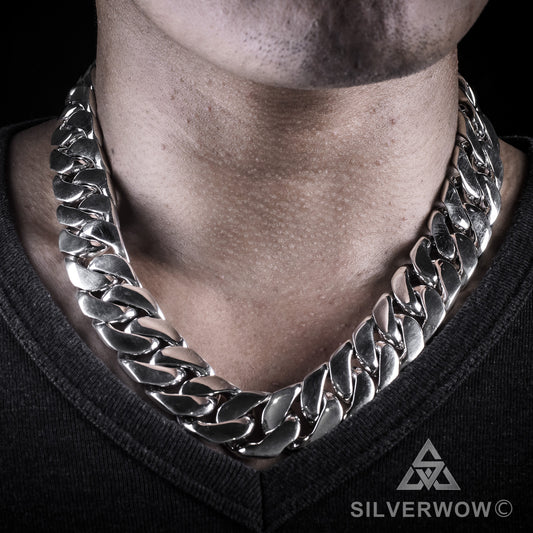 20mm silver curb chain necklace in solid 925 sterling silver, worn on chest