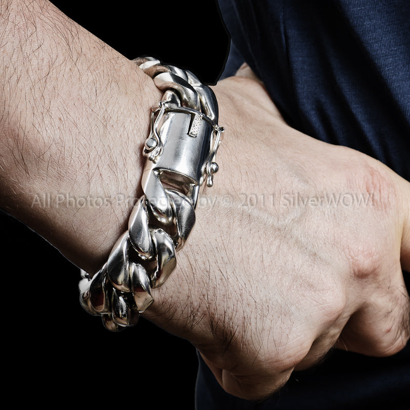 Heavy men's 20mm Cuban bracelet in 925 sterling silver, side view