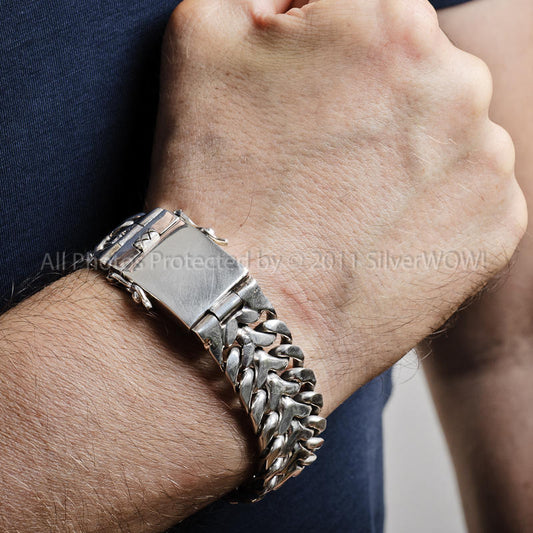 Herringbone Unique Mens Silver Bracelet - 20mm Version. Solid Sterling Silver - SilverWow™