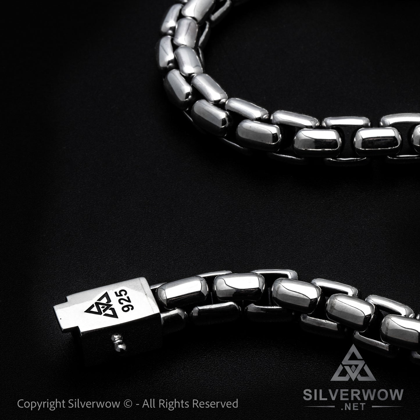 Close-up of 12mm round box chain with 925 hallmark – thick silver chain