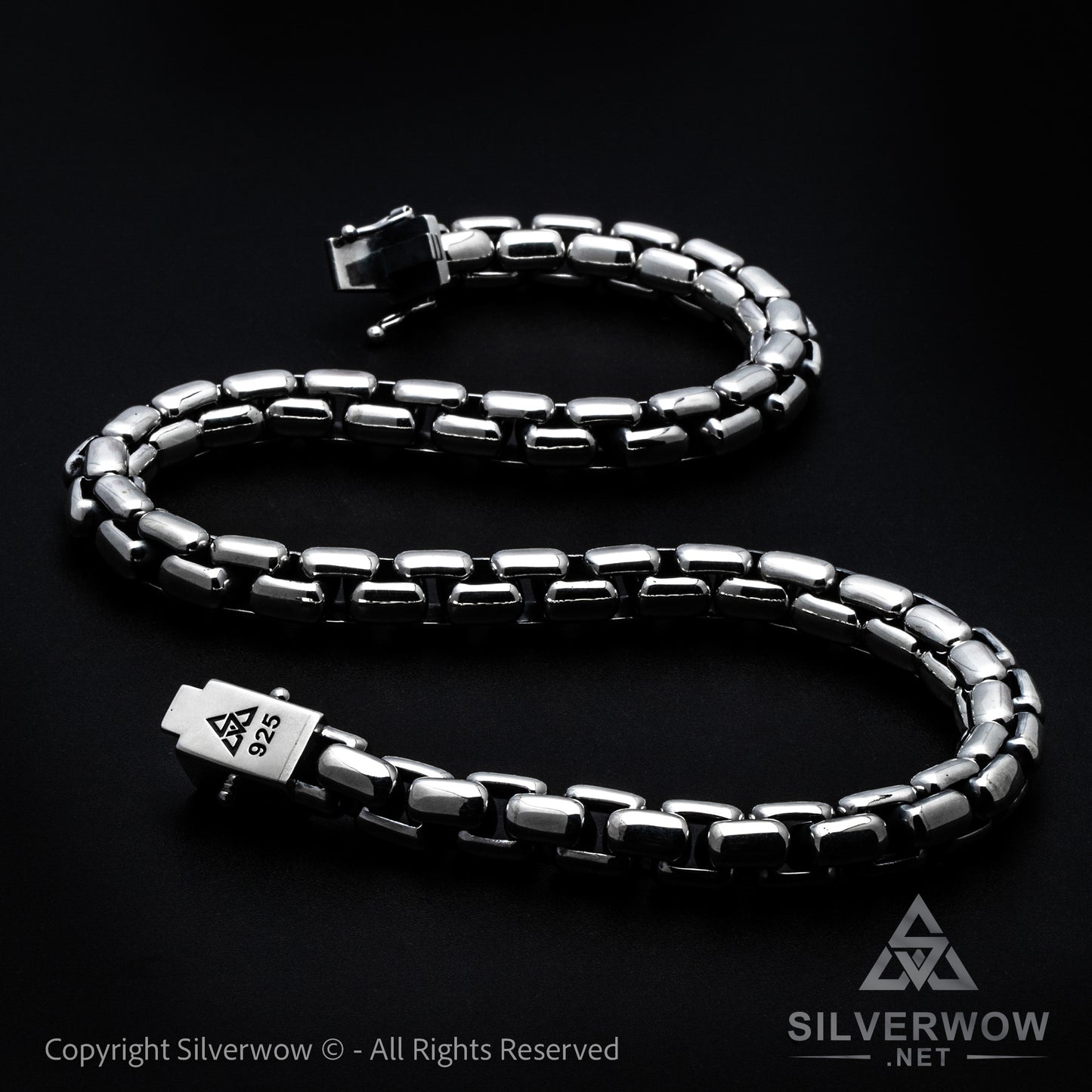 12mm heavy box chain in 925 silver – big silver necklace laid out flat for men