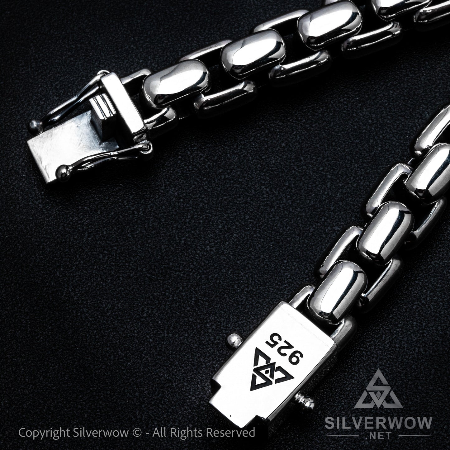 Close-up of 12mm round box chain with 925 hallmark – thick silver necklace clasp