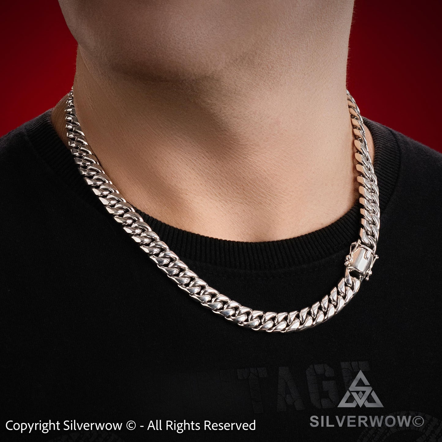 Close-up 10mm Cuban link necklace for men, sterling silver, approx 150 grams