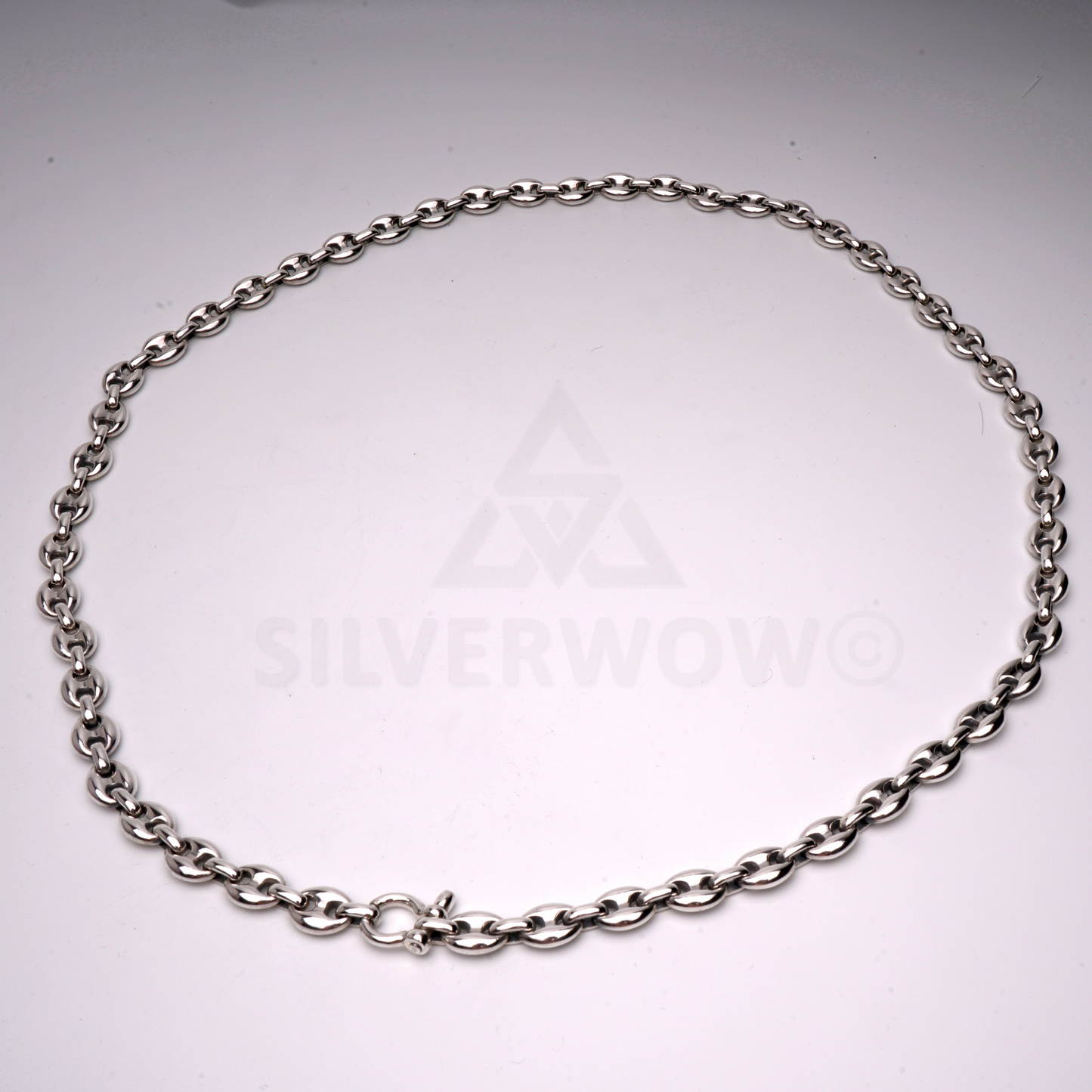 studio photo of 12mm puffed silver necklace with anchor links