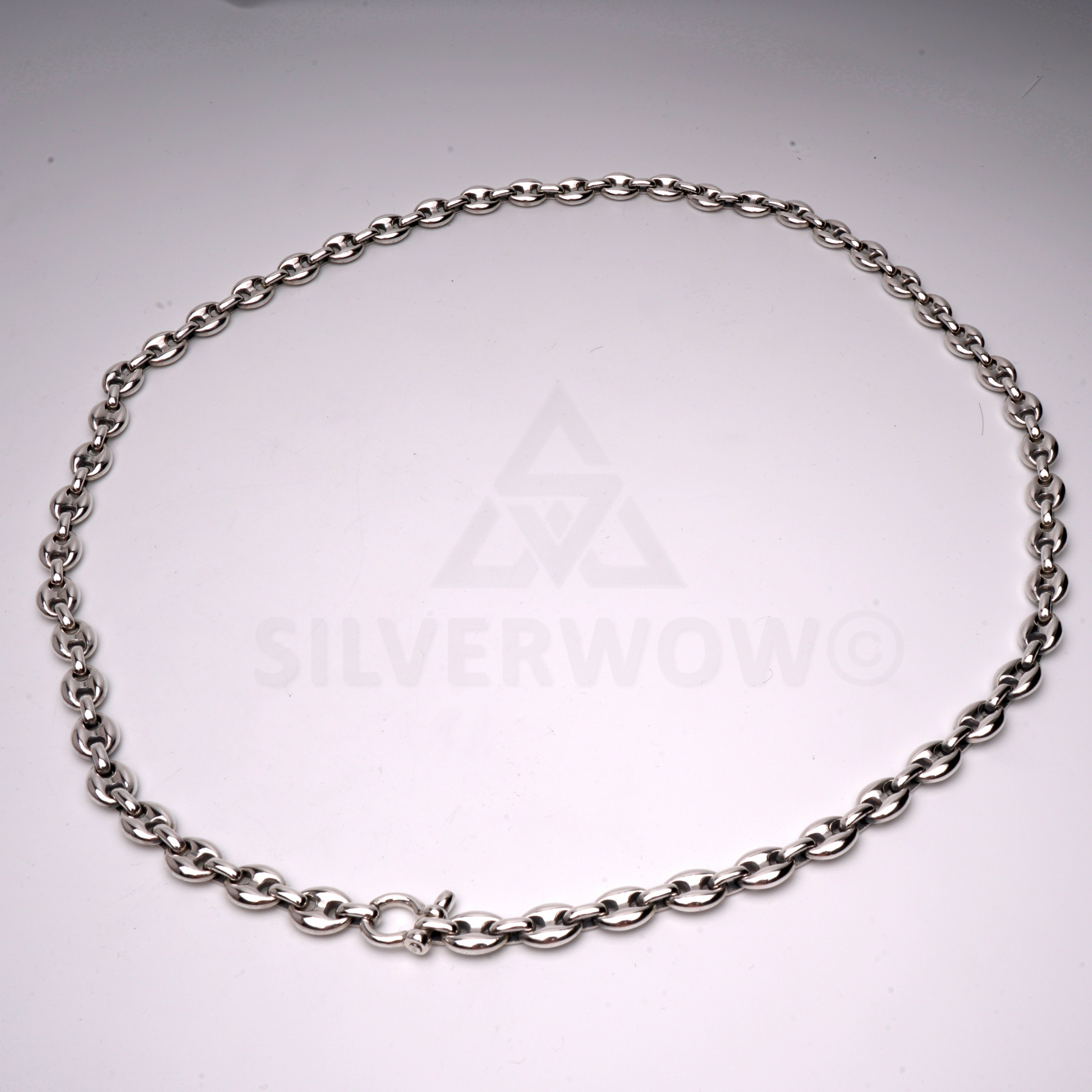 studio photo of 12mm puffed silver necklace with anchor links
