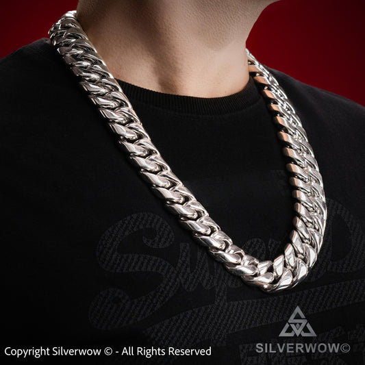 25mm big silver Cuban link chain necklace thick heavy design for men