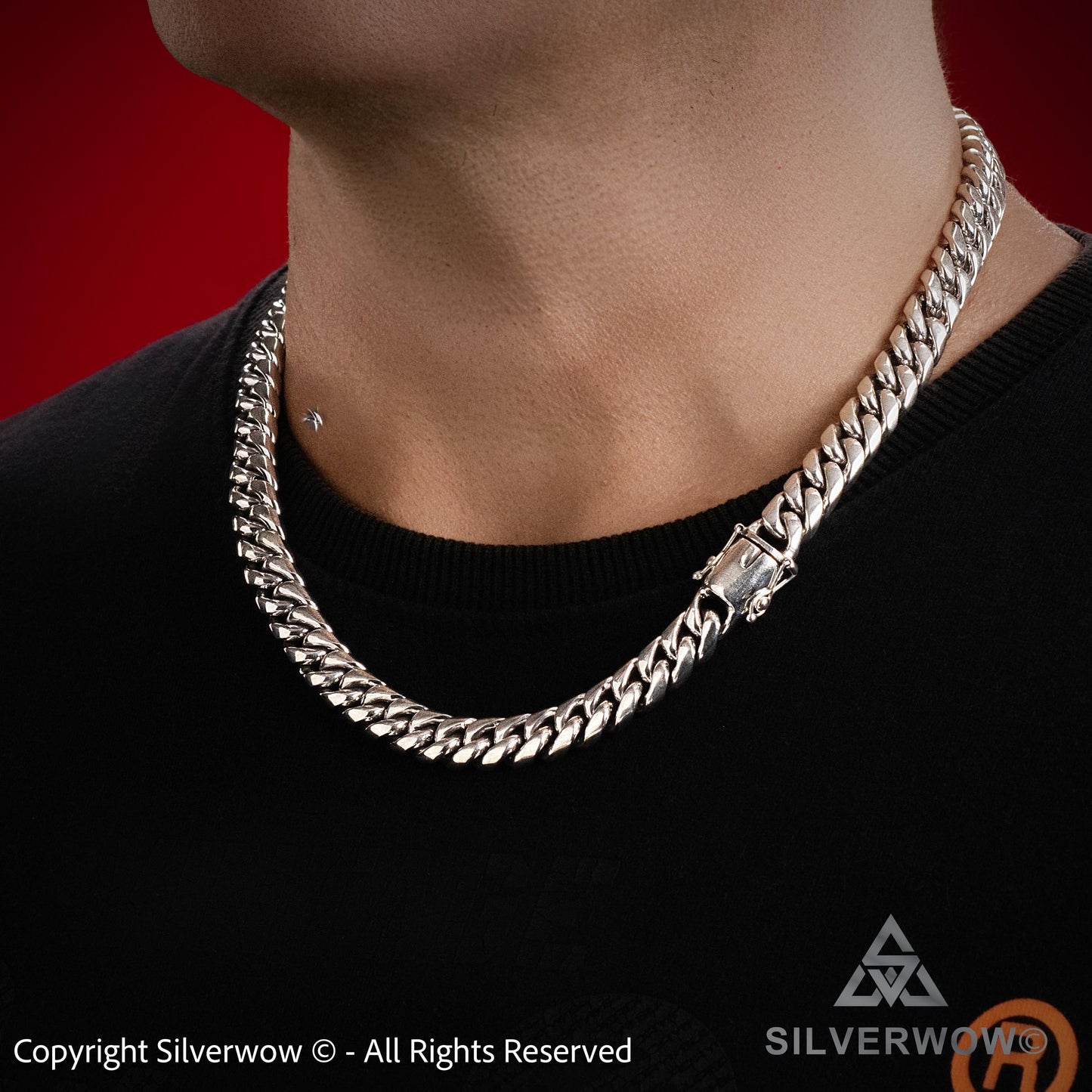 Front view of 10mm sterling silver Cuban chain necklace for men, around 150g
