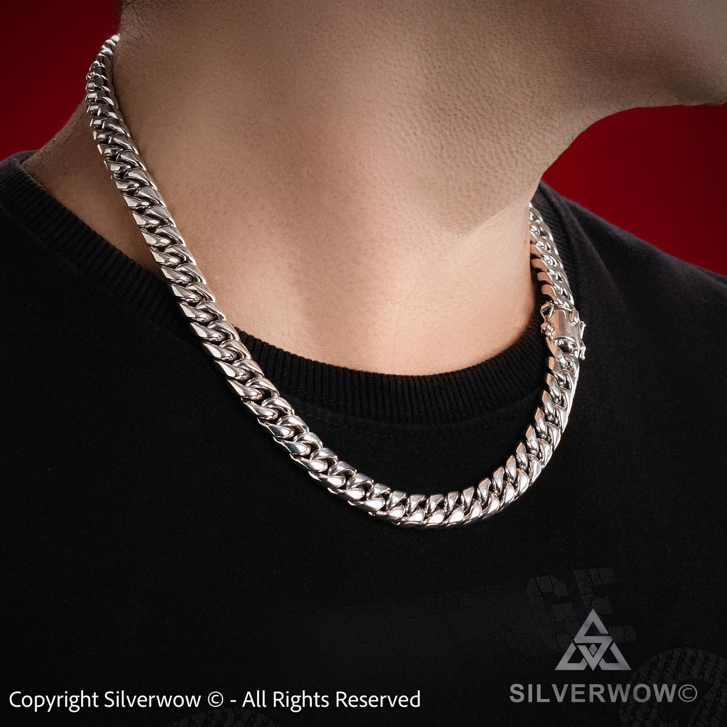 Side angle shot of 10mm Miami Cuban link necklace in solid 925 silver