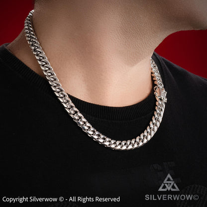 Side angle shot of 10mm Miami Cuban link necklace in solid 925 silver