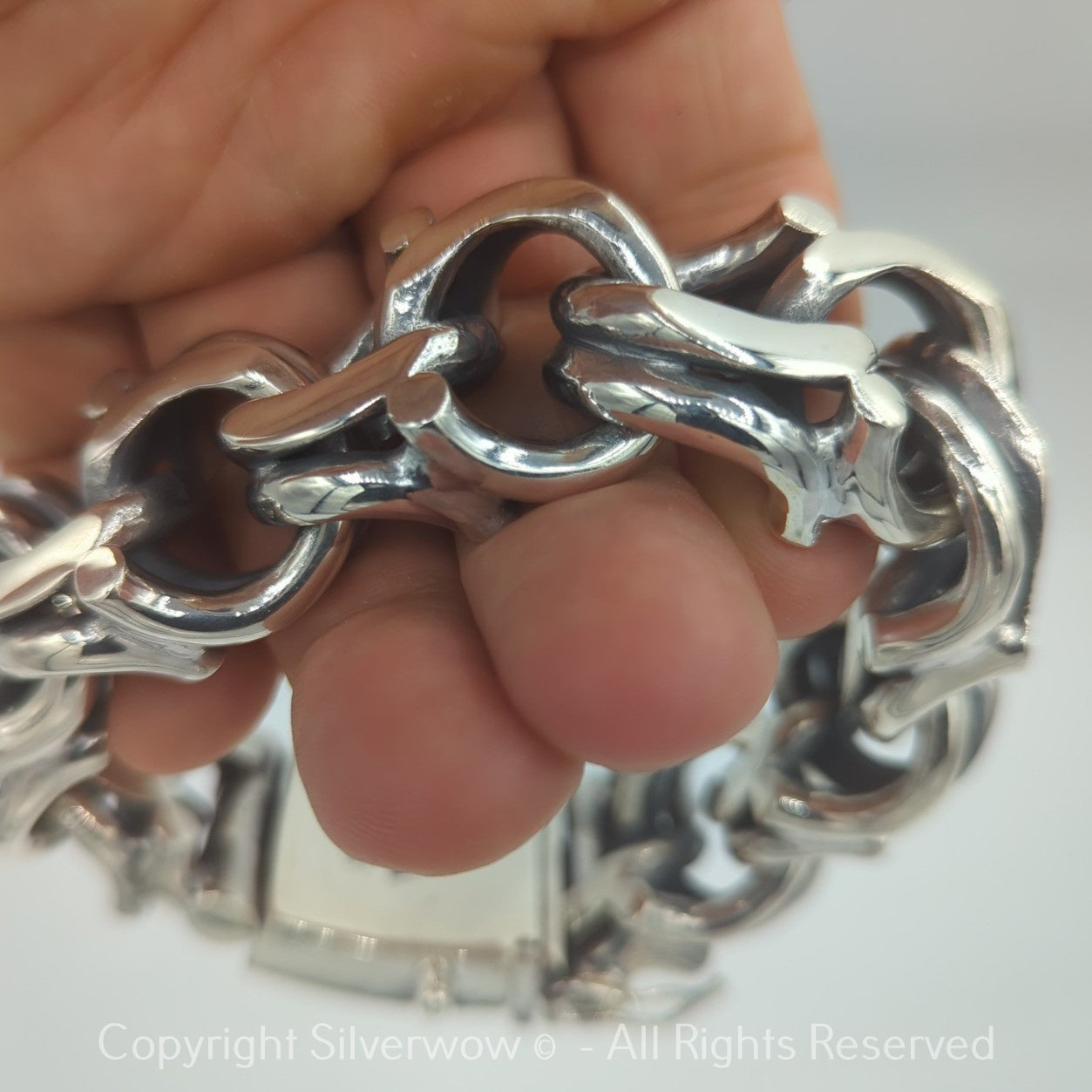 Chunky Bismarck-style bracelet in solid 925 silver, angled side view