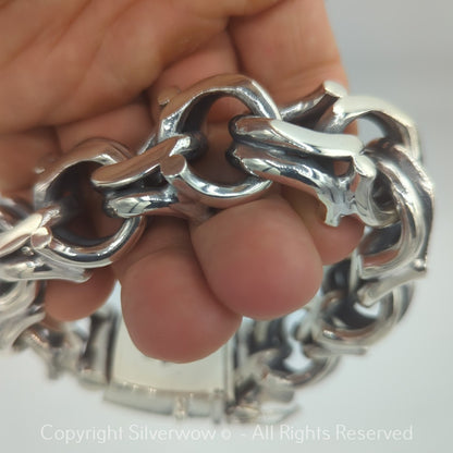 Chunky Bismarck-style bracelet in solid 925 silver, angled side view