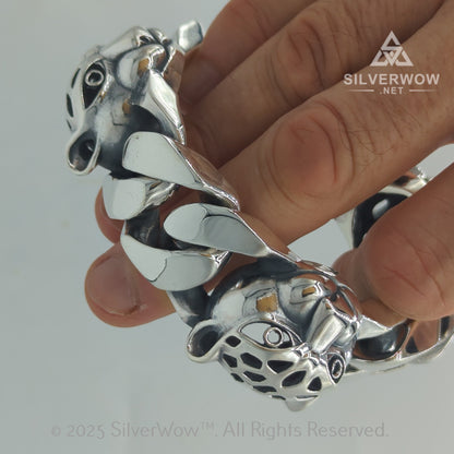 Closeup of Lifelike Eyes on Leopard Head Silver Bracelet