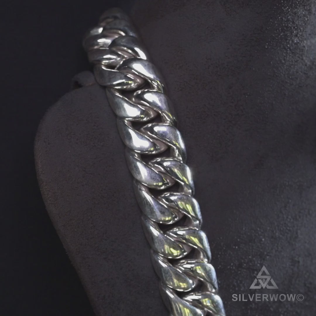 25mm heavy Cuban link necklace for men in solid 925 sterling silver by SilverWow. Chunky wide Cuban chain design shown in motion.