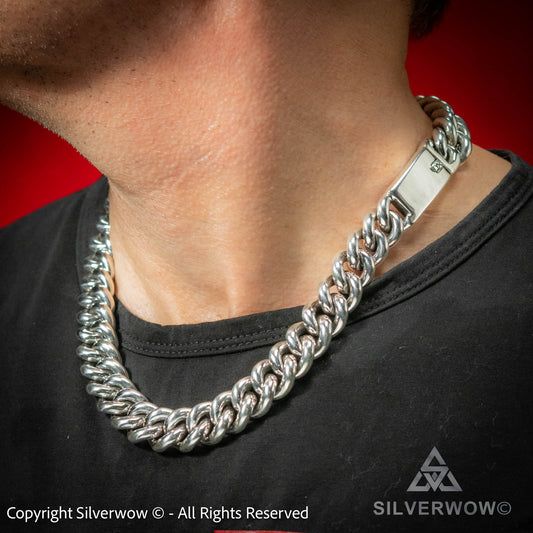 Rounded curb necklace with wide links – heavy silver chain for men