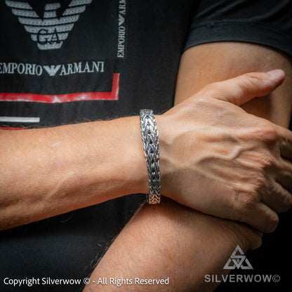 Tapered silver chain bracelet for men – unique woven Bali-inspired design in 925 sterling