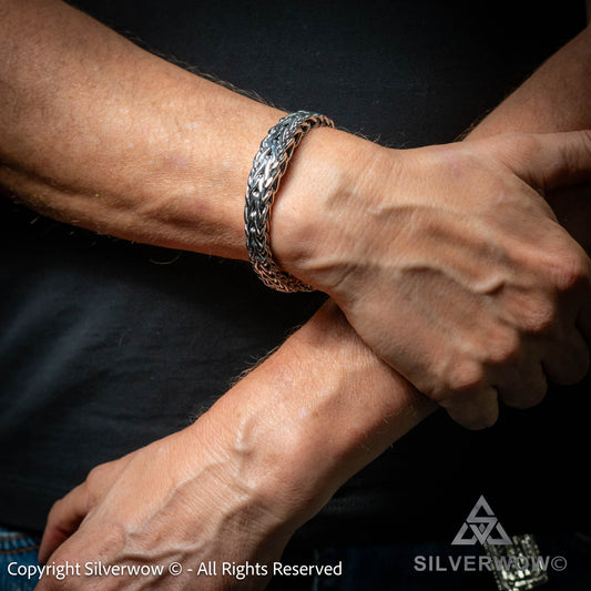 Tapered woven men’s bracelet handcrafted in 925 sterling silver – elegant tapered shape and solid design
