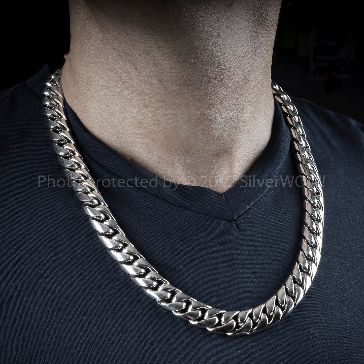 15mm Cuban chain necklace worn on  chest for relaxed hanging style