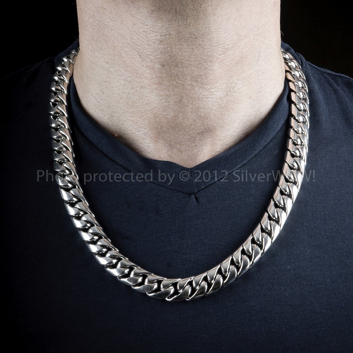 Front shot of 15mm heavy silver chain necklace with polished Cuban links