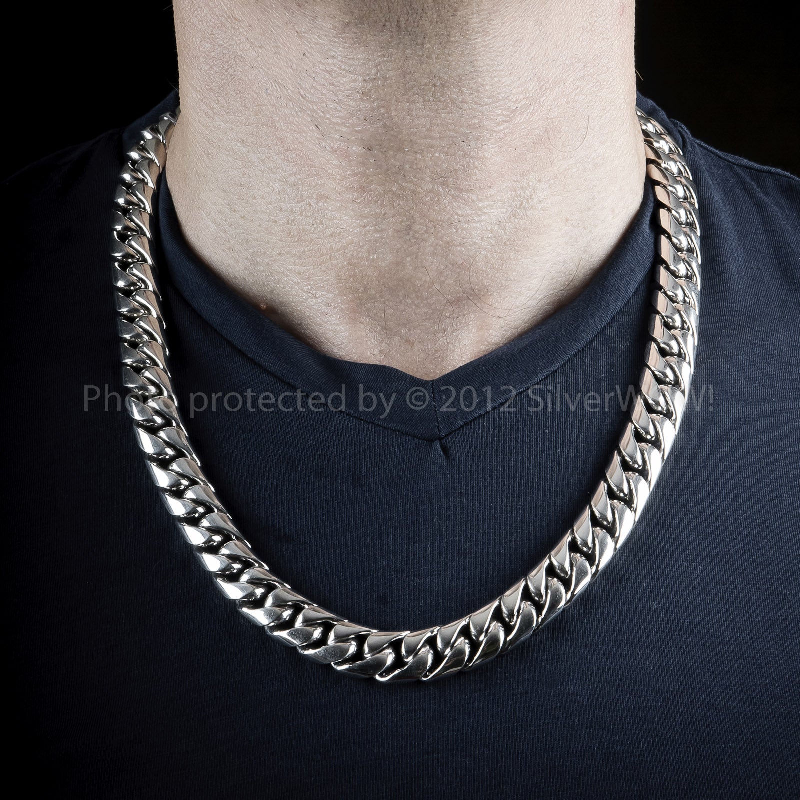 Front shot of 15mm heavy silver chain necklace with polished Cuban links