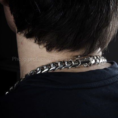 Back view of 15mm Cuban chain necklace resting around neck