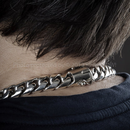 Back view of 15mm Cuban link silver chain necklace worn close to neck