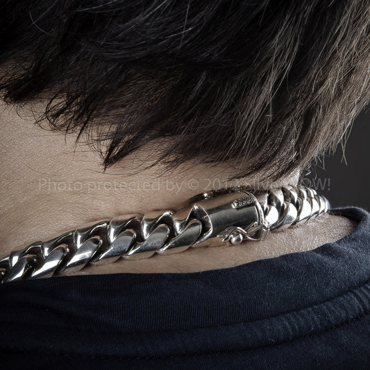 Back view of 15mm Cuban link silver chain necklace worn close to neck