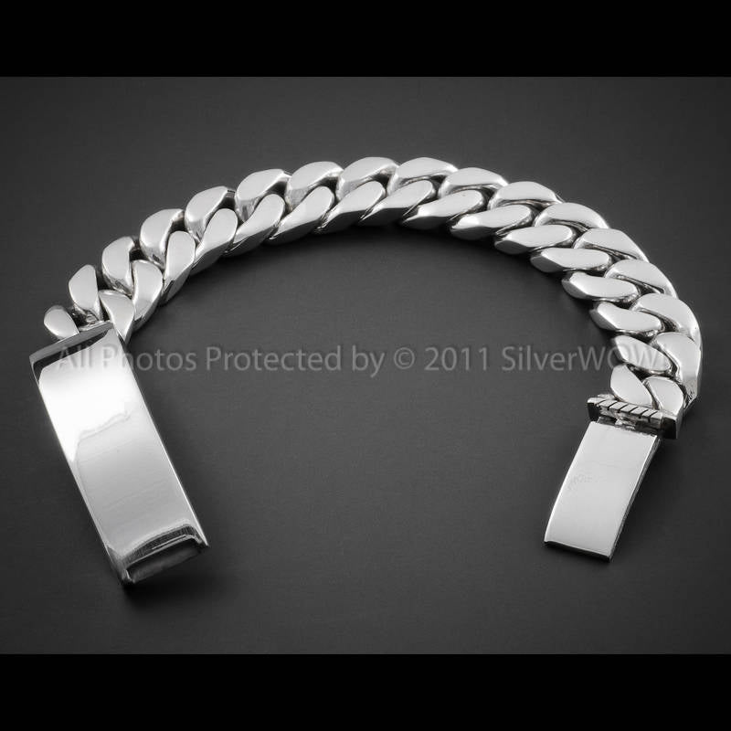 15mm silver ID bracelet mens curb chain heavy