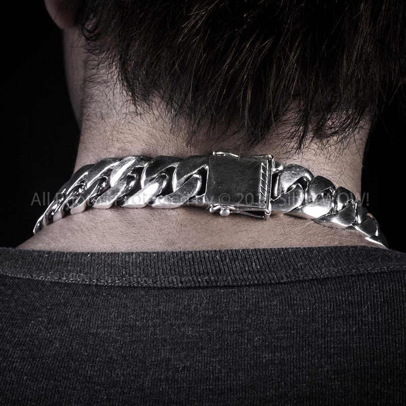 20mm curb necklace shown from side and back, thick solid silver links
