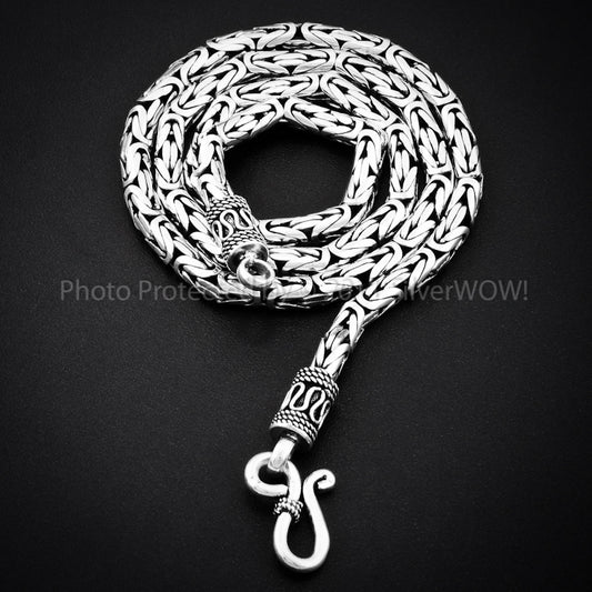 Heavy solid Byzantine Bali Necklace 4Mm Wide — on neck in solid 925 silver for men — solid links