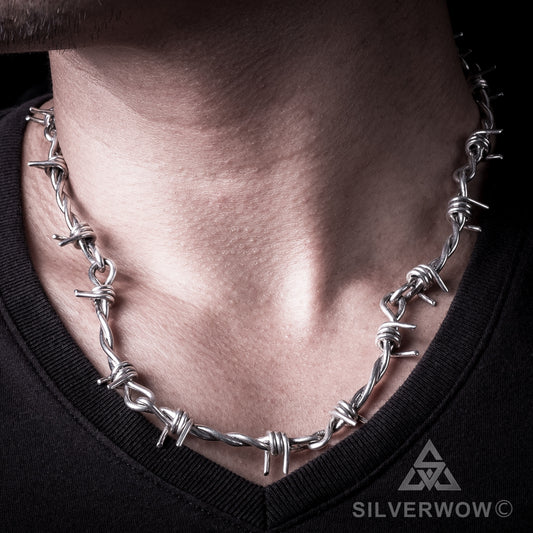 Mens Barbed Wire Silver Necklace Chain s-hook clasp