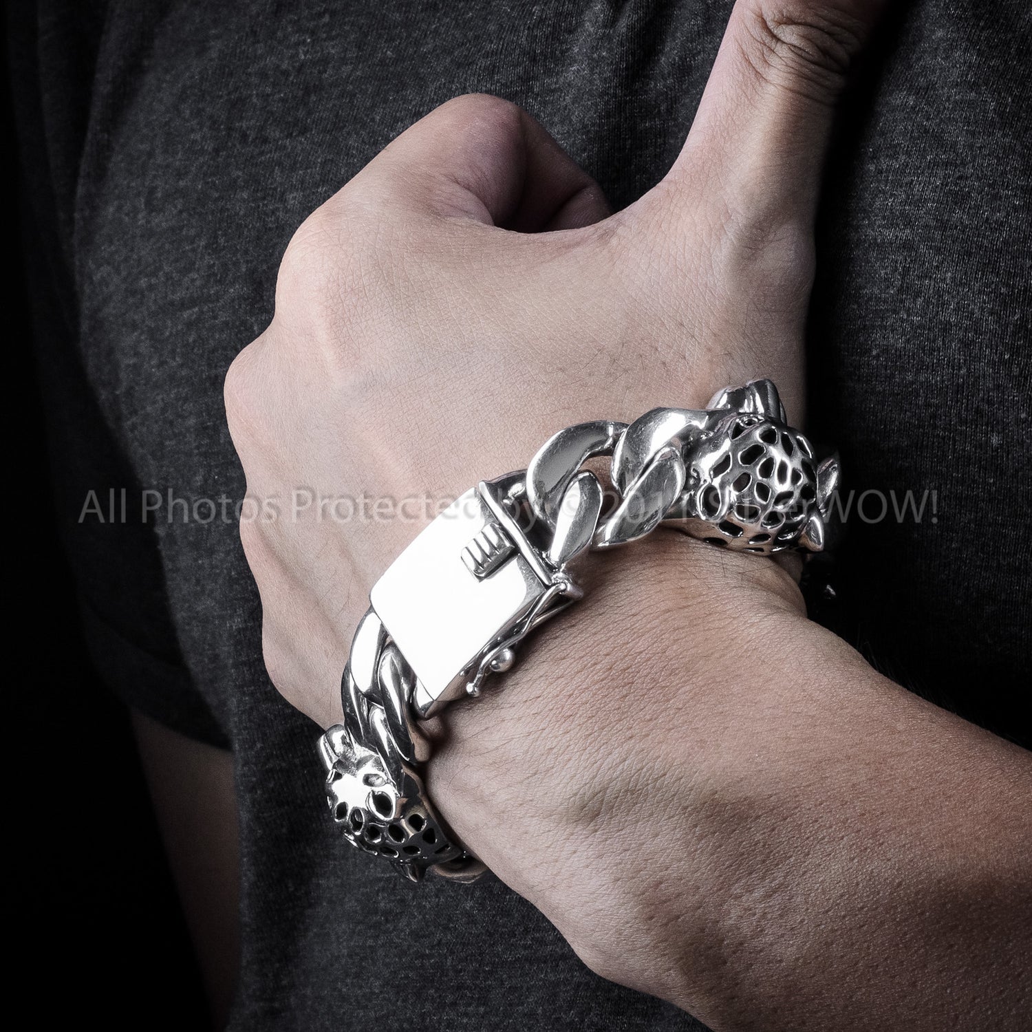 Heavy leopard head silver bracelet in 925 sterling silver for men
