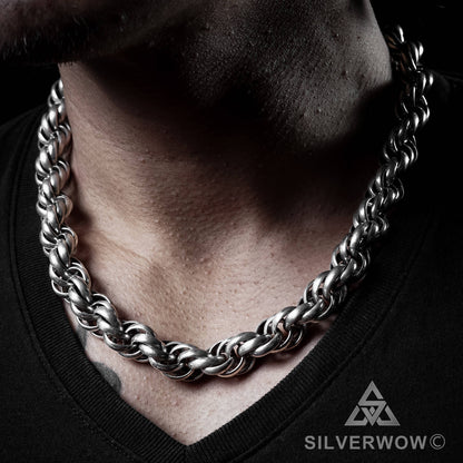 Heavy Mens Rope Chain Necklace, 15mm Wide, silver