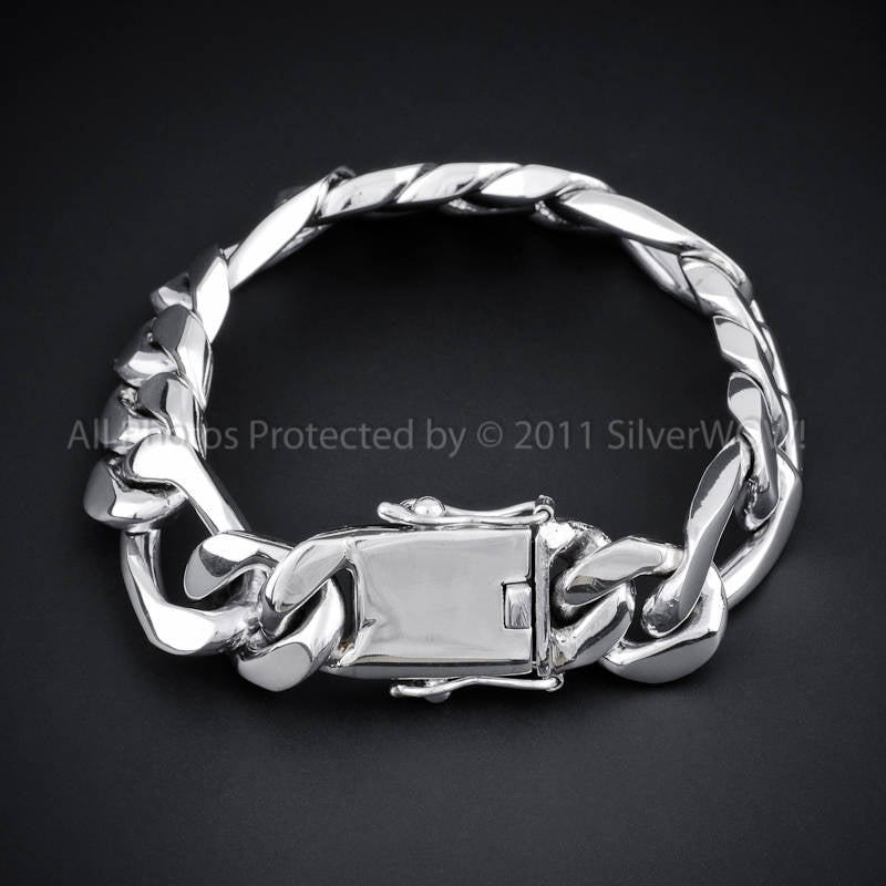 Mens silver, Figaro Bracelet, 15mm wide, flat box lock