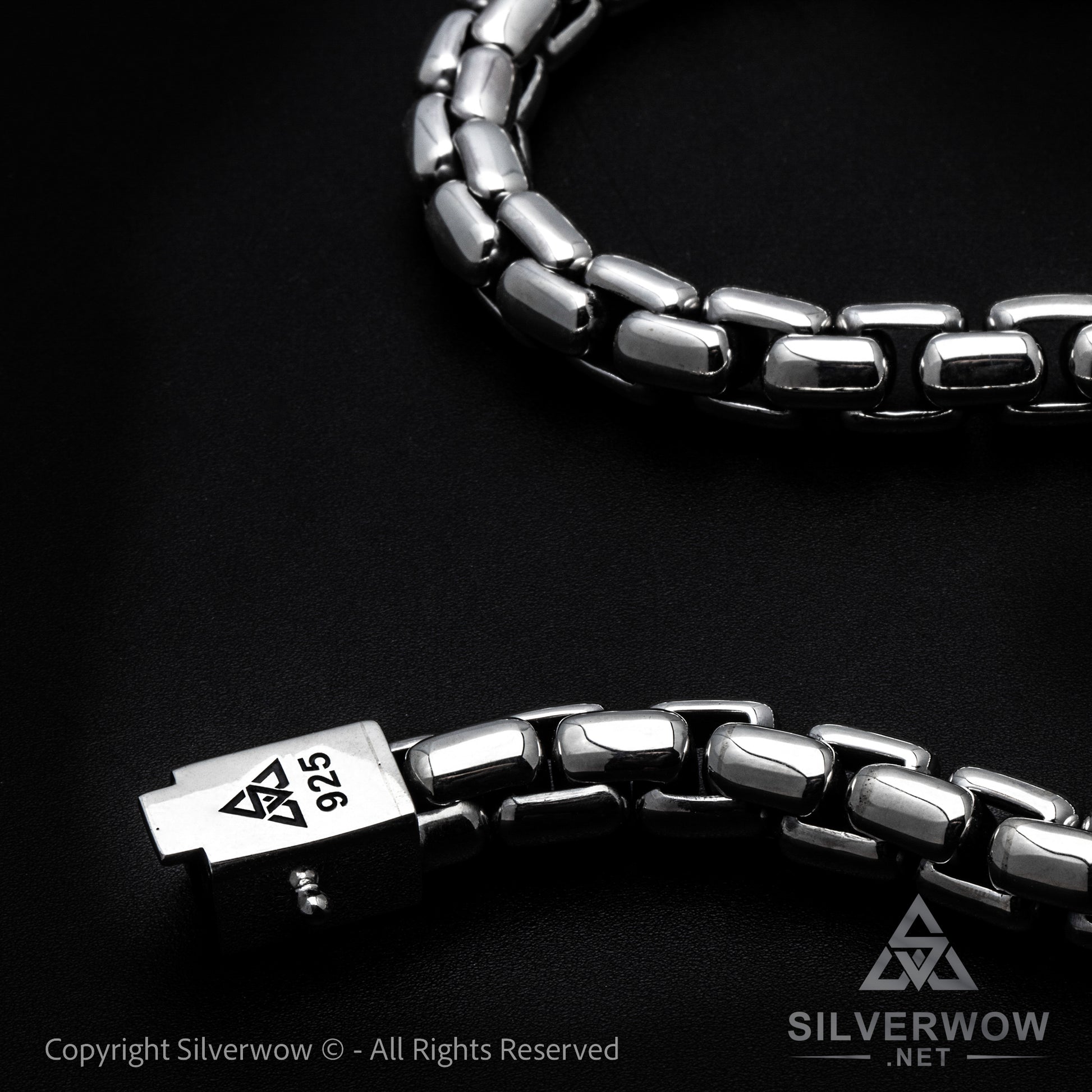 Close-up of 12mm round box chain with 925 hallmark – thick silver chain