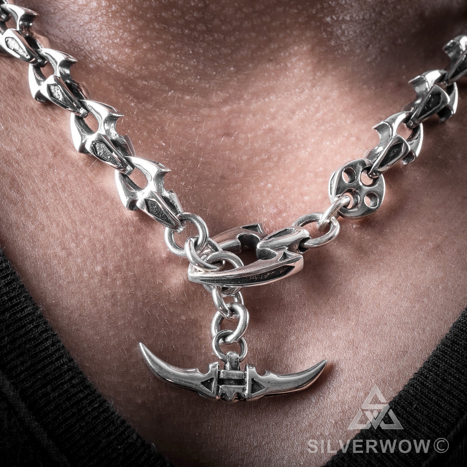 Shark Mens Toggle Necklace, silver t bar chain