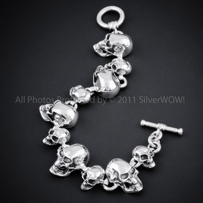 Silver Skull Bracelet - Big Small Skull Mix Toggle Clasp