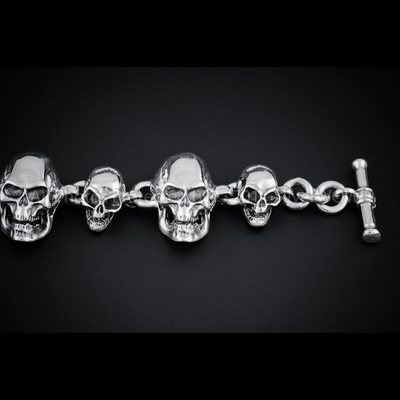 Skull Bracelet Solid Sterling Silver - Featuring 2 Size Skulls