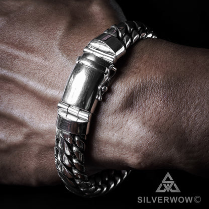 Woven Snake Silver Mens Bracelet 15mm, round box lock